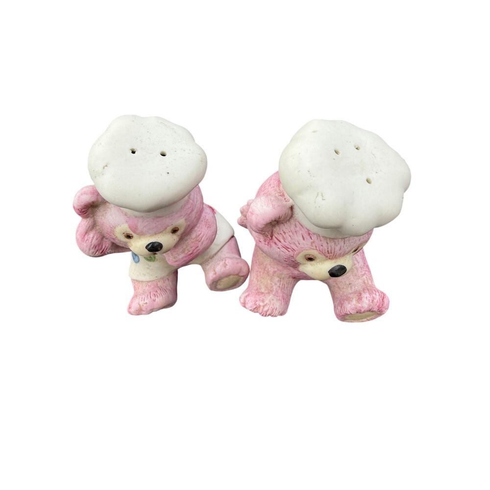 🧸 Vintage Pink Chef Teddy Bear Salt Pepper Shakers Cute Kitchen Retro Decor - Picture 2 of 4